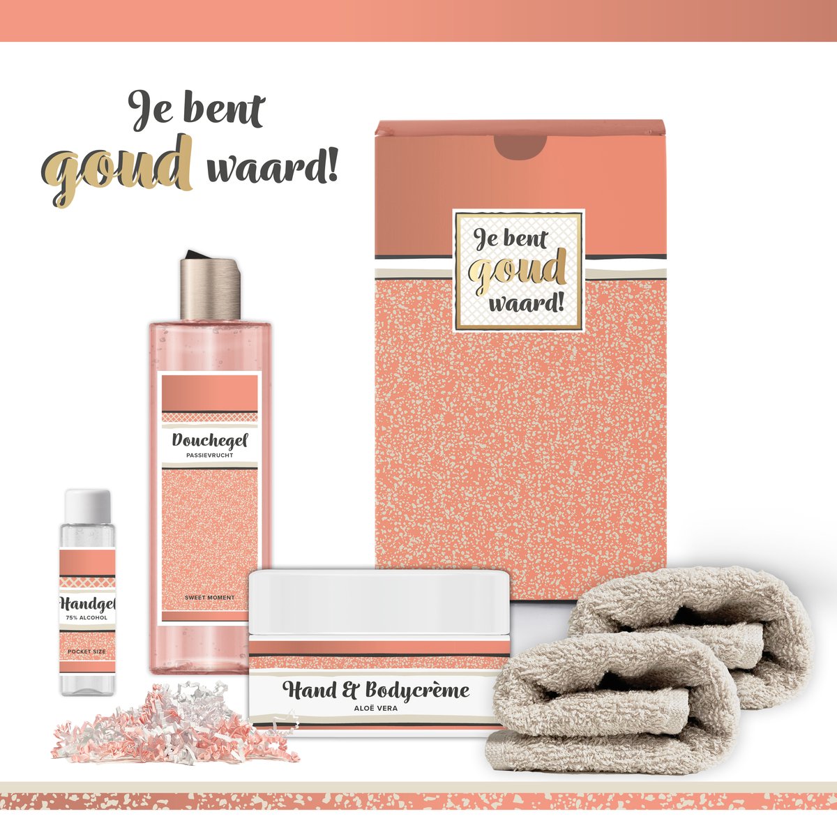 Goedkoopste Geschenkset “Je Bent Goud Waard!” - 5 producten - 580 gram | Cadeau Vrouw - Wellness Pakket Vrouw - Giftset Vriendin - Moeder - Cadeaupakket Collega - Cadeau Zus - Verjaardag Oma - Moederdag - Kerstpakket - Kerst Cadeau - Goud - Zalmroze