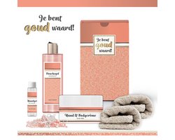 Geschenkset “Je Bent Goud Waard!” - 5 producten - 580 gram - Triomf Cosmetica | Giftset voor haar Wellness Pakketje Vrouw Vriendin Cadeaupakketje Collega Cadeautje Zus Verjaardag Bedankt Cadeau Oma Moeder Moederdag Kerstpakket Kerst Goud Zalmroze