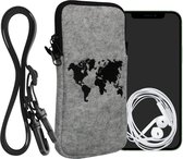 kwmobile Tasje voor smartphones XXL - 7" - Hoesje van vilt in zwart / lichtgrijs - Phone case met nekkoord - Wereldkaart design