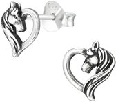 Joy|S - Zilveren paard hart oorbellen - 8 x 9 mm - geoxideerd - kinderoorbellen