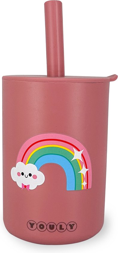 Youly® Rietjesbeker Regenboog - Drinkbeker Kinderen - Kinderservies - Baby Cadeau - Siliconen Beker - Velige Drinkbeker - Roze - 160 ml