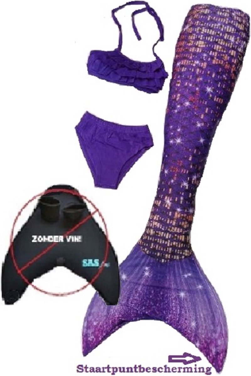 Zeemeermin staart los| Mermaid staart met bikiniset | Purple Glow | maat 120 | Zonder monovin geleverd| Nieuw model 2024! - Merkloos