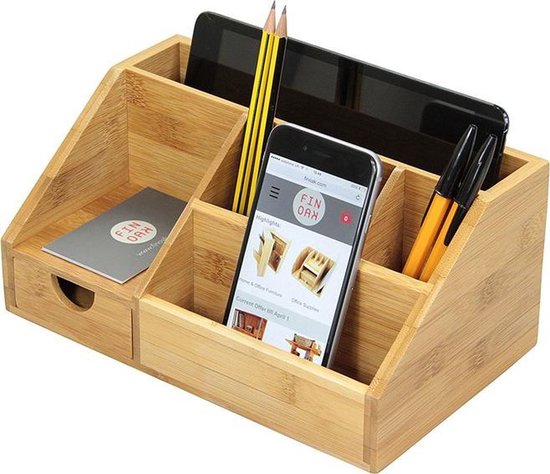 Foto: Q living bureau organizer bamboe make up organizer pennenbakje met lade pennen houder desk organizer voor kantoorartikelen en brieven bamboe hout