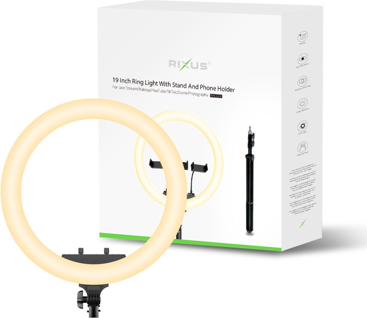 Rixus RXLG28 Ringlamp - 36W 19 Inch - TikTok Lamp met statief- 3 telefoonhouders