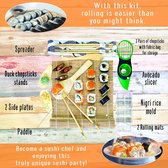 Sushi Making Kit - Sushi Maker Set met bamboe rolmat - maak je eigen sushi thuis - 14 stuks All In One 2 matten, 3 paar eetstokjes, peddel, strooier, rijstvorm, avocado-snijmachine met beginnersboek