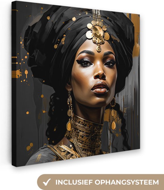Canvas Schilderij Vrouw - Goud - Zwart - Luxe - Portret - Wanddecoratie