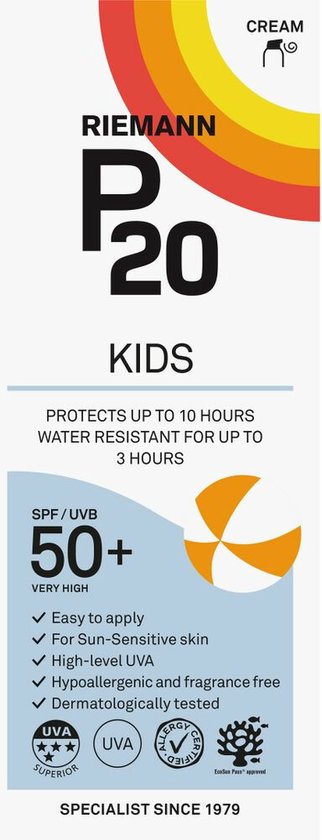 Riemann P20 Kids zonnebrandcrème met SPF 50+. Beschermt tot 10 uur, waterresistent tot 3 uur. Hoge UVA-bescherming. Dermatologisch getest.