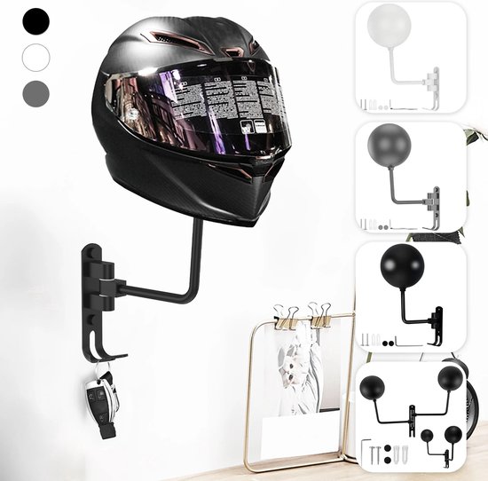 Support Mural Casque Moto 180° Rotatif – Acier Inox & Aluminium – Blanc – Crochet Veste & Clés