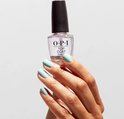 Een hand met mintgroene, glanzende nagels houdt een O.P.I. Top Coat flesje vast.