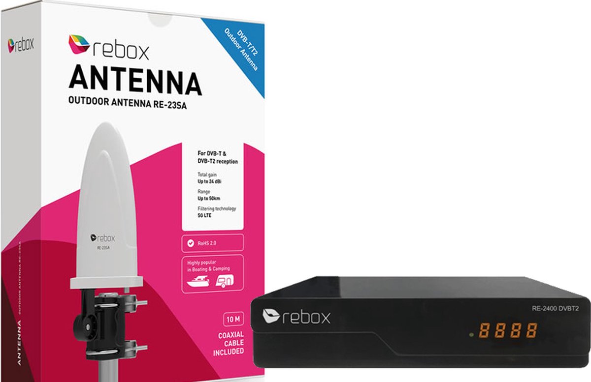 Rebox DVB-T2 Recreatie Pakket – RE2400DVBT2 FTA STB plus RE-23SA 50km range Sharkfin antenne