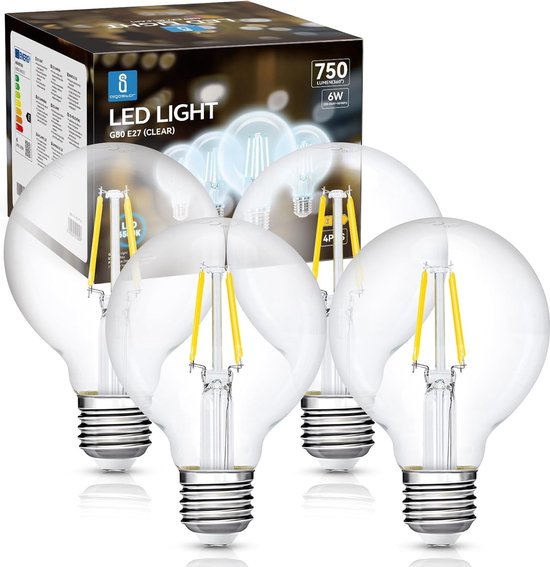 Aigostar 10ZCT - Filament Lamp - LED Bulb - G80 - E27 - 6W - 6500K - Set van 4 stuks