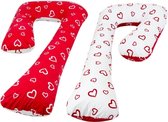 Voedingskussen / Zwangerschapskussens | J-vorm 235 cm | Witte hartjes op rood en rode hartjes op wit