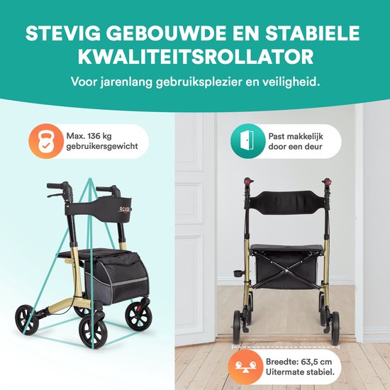 Gouden rollator met matzwarte tas en zitje, past door een deur