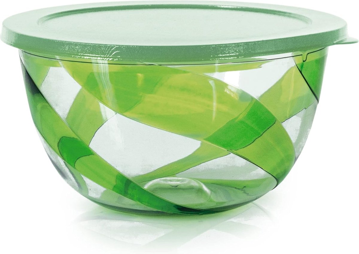 Kom met deksel, 5 l, set van 4, slakom met deksel, mengkom, kunststof (PP), BPA-vrij, kleur: lichtgrijs, pastelroze, groen en transparant, transparant deksel, diameter 28 cm, Made in EU