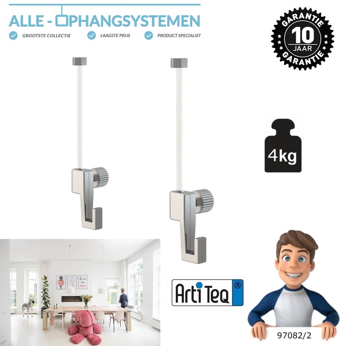 99004 2 x Artiteq-ophangdraad-mini ophanghaak-voor schilderij ophangrail