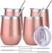 Set van 4 roestvrijstalen wijnbekers, wijnglas om mee te nemen, kerstcadeau voor vrouwen, wijncadeauset met deksel, voor koffie/champagne/cocktails/warme dranken, 12 oz roségoud x 4