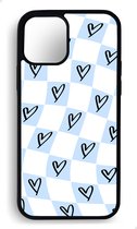 Ako Design Apple iPhone 13 Mini hoesje - Ruiten hartjes patroon - blauw - TPU Rubber telefoonhoesje - hard backcover