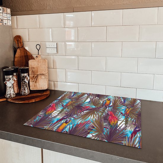 KitchenYeah® Inductie beschermer 59x52 cm - Vintage - Papegaai - Regenboog - Jungle - Kookplaataccessoires - Afdekplaat voor kookplaat - Inductiebeschermer - Inductiemat - Inductieplaat mat