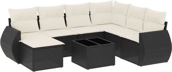 Ensemble de salon modulaire noir en poly rotin 7 pièces avec coussins crème et deux tables basses carrées.