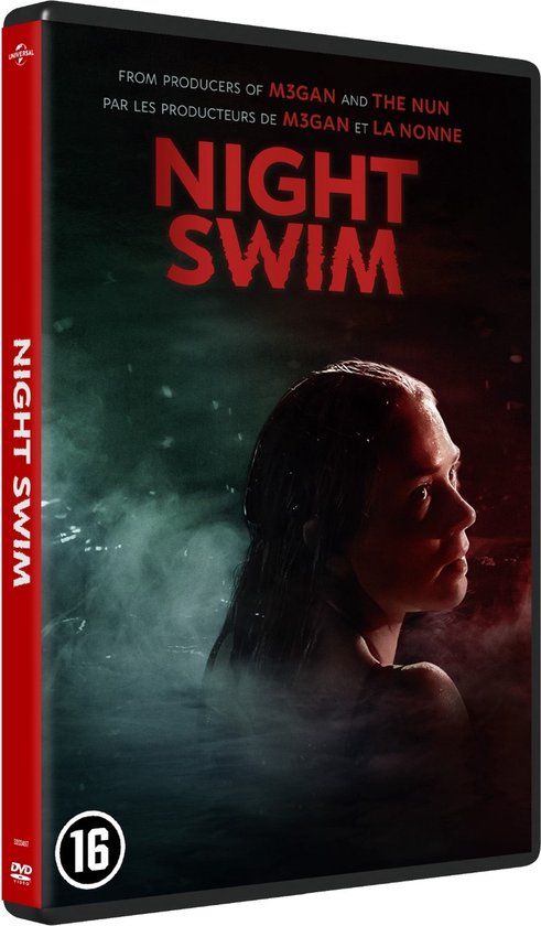 DVD-hoes van 'Night Swim' met een vrouw in donker, mistig water.