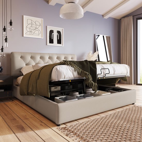 Sweiko Hydraulisch tweepersoonsbed gestoffeerd bed 160x200cm, Verstelbaar hoofdeinde, Bed met metalen frame lattenboden, Modern bedframe met opbergruimte, Beige