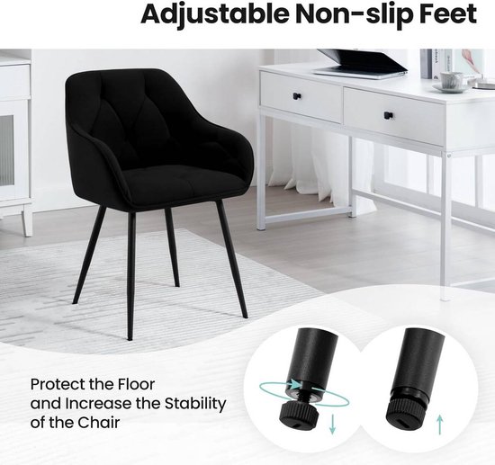 BukkitBow - Set de 2 Chaises de salle à manger - Velours et métal - Design ergonomique - Capacité de charge 120 kg - Zwart