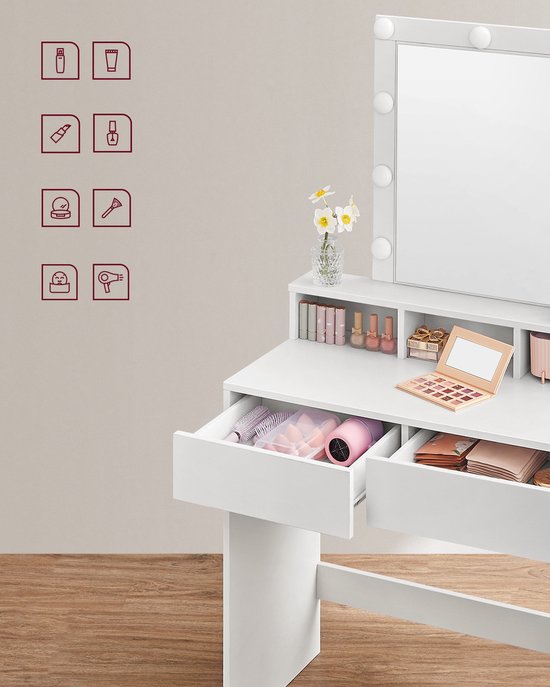 Make Up Tafel Gestoffeerde Kruk, Kaptafel Met Lades, Make-uptafel Met Opklapbare Spiegel, Make-up Ijdelheidstafel 3-kleuren Verstelbaar Aanraaklicht, Make Up Tafel Kind, Meisje Dame (Color : White