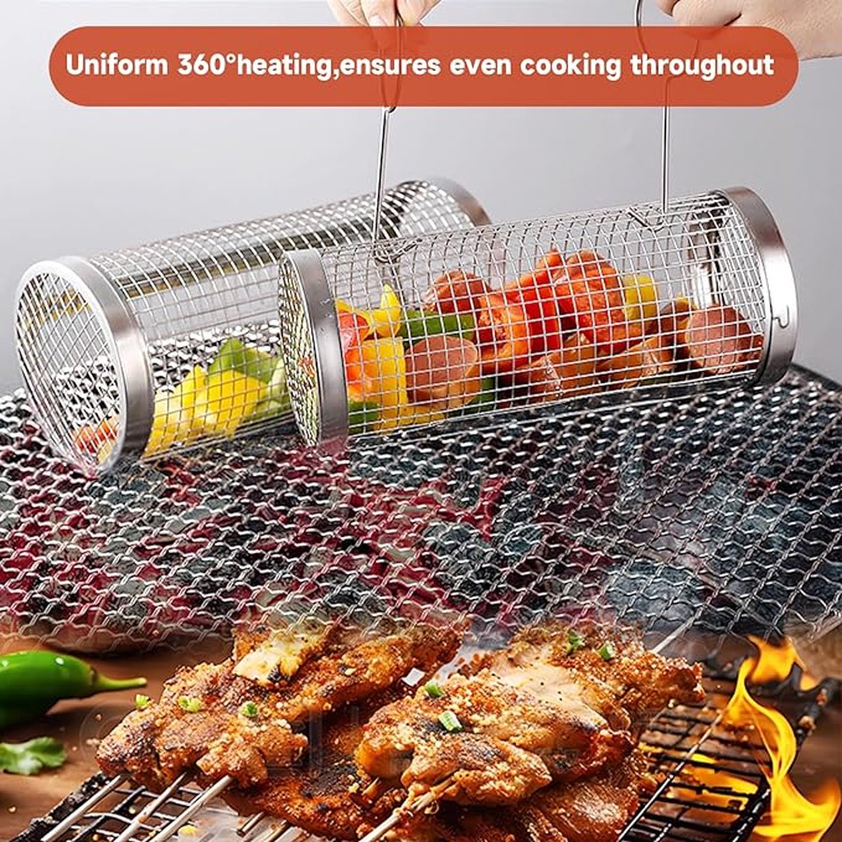 Lot De 2 Paniers De Cuisson à Roulettes Pour Barbecue En Acier Inoxydable, Accessoires De Cuisson Pour Camping, Pique-nique, Légumes, Crevettes, Poulet, Cadeaux Pour Homme, Papa, Mari