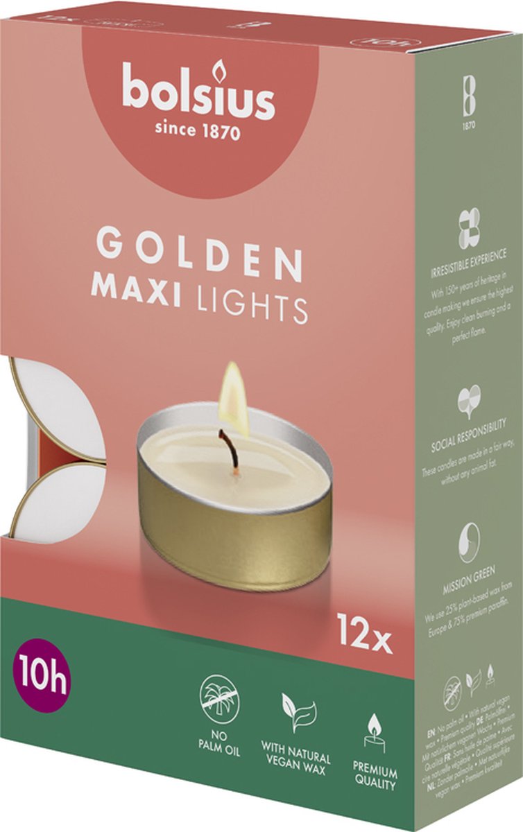 Bolsius 72 Maxi Waxinelichtjes - Gouden Cup - Theelichtjes - 10 branduren - Grootverpakking