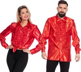 Wilbers & Wilbers - Jaren 80 & 90 Kostuum - Knallend Rode Foute Ruchesblouse Satijn Disco Party Man - Rood - Maat 54 - Carnavalskleding - Verkleedkleding