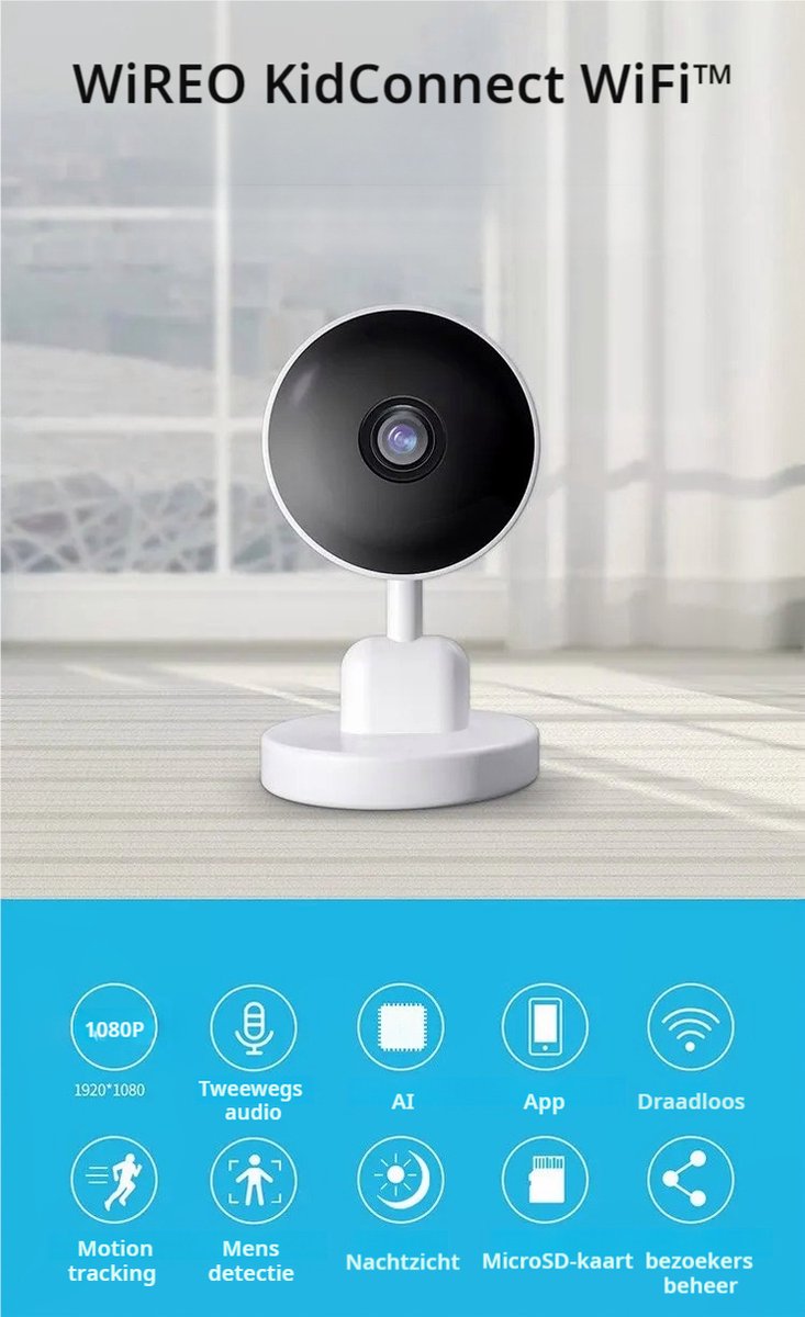 Afbeelding 2 van WiREO KidConnect WiFi™ Babyfoon met Camera en App - WiFi 2,4 Ghz - HD - Werkt met Tuya - Motion Tracking - Nightvision