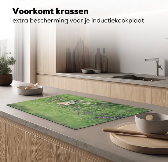 KitchenYeah® Inductie beschermer 81.6x52.7 cm - Kat - Bloemen - Lente - Kookplaataccessoires - Afdekplaat voor kookplaat - Inductiebeschermer - Inductiemat - Inductieplaat mat