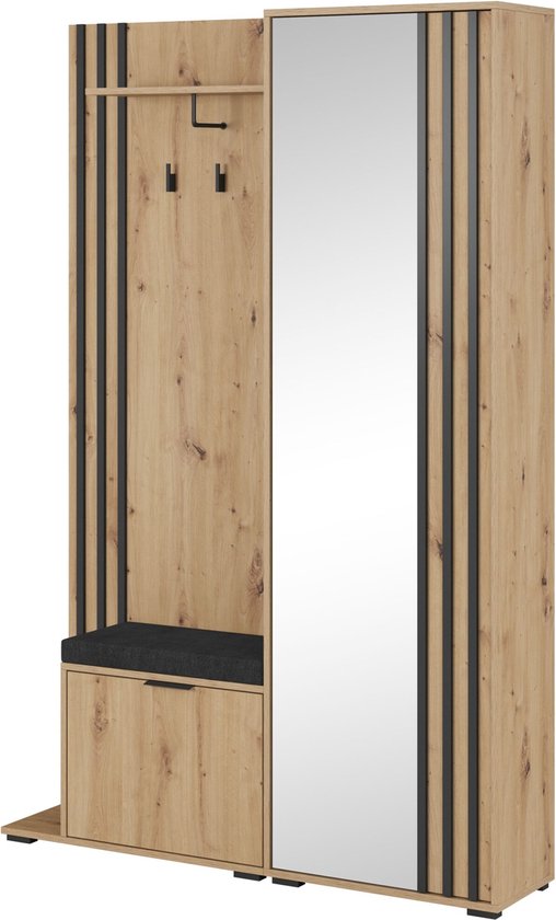 Garderobekast met spiegel Ganggarderobe Compacte garderobekast Vestibule Wandkast Plank Hal & Gang Kast Schoenenkast 135x197x34 cm - JOHN (Artisan + Zwart Met kussen)