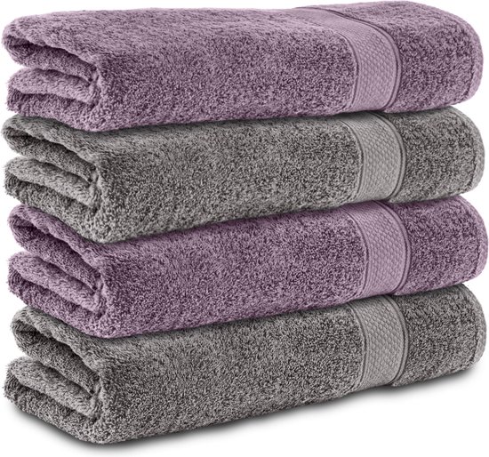 Komfortec handdoeken – Set van 4 - Badhanddoek 70x140 cm - 100% Katoen - Antracietgrijs&Violet