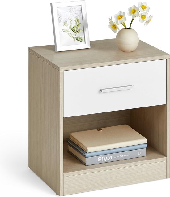 GIANTEX Bijzettafel, banktafel met lade, nachtkastje met open plank, salontafel, nachtkastje, hout, met 4 gebogen poten, opbergtafel, gangtafel, telefoontafel, houten tafel (wit
