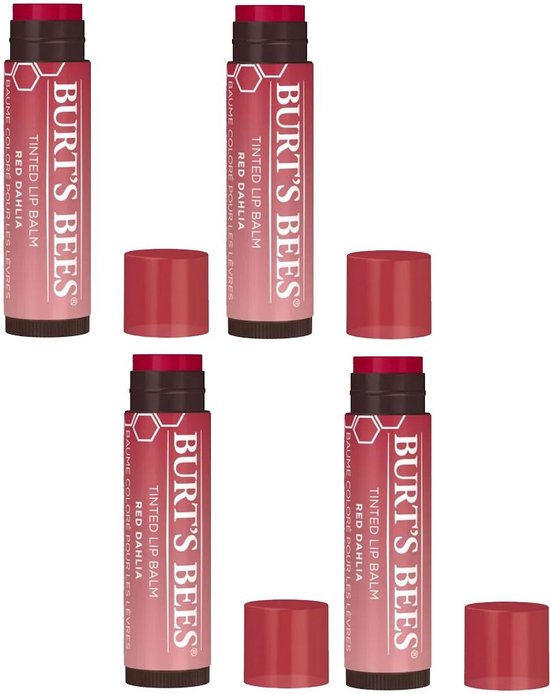 Vier Burt's Bees Tinted Lip Balm Red Dahlia sticks met rode doppen.
