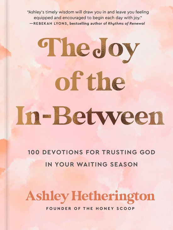 Couverture de livre avec le titre 'The Joy of the In-Between' en lettres dorées. Fond de nuages de couleur pastel.