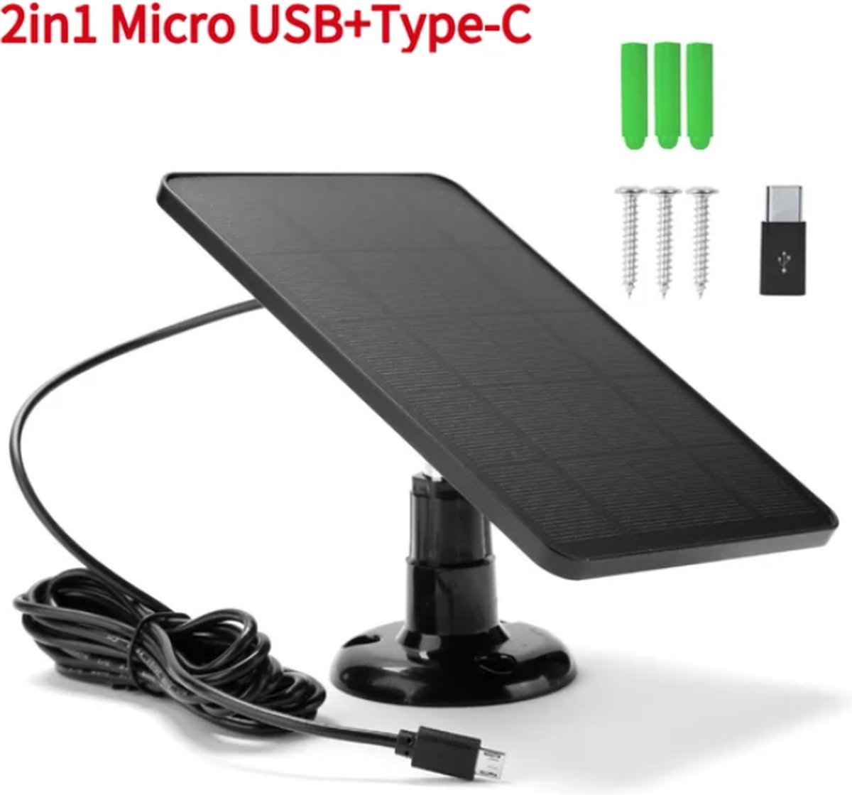 TLVX Zonnepaneel Waterproof Micro USB / Type C aansluiting / Extern Solar Panel / Voor Eufy / Ring / Cams / Oplader Bewakingscamera / Deurbel / 10W / 5V / IP65 / Zonnecel oplader outdoor / 1 stuks – foto 2
