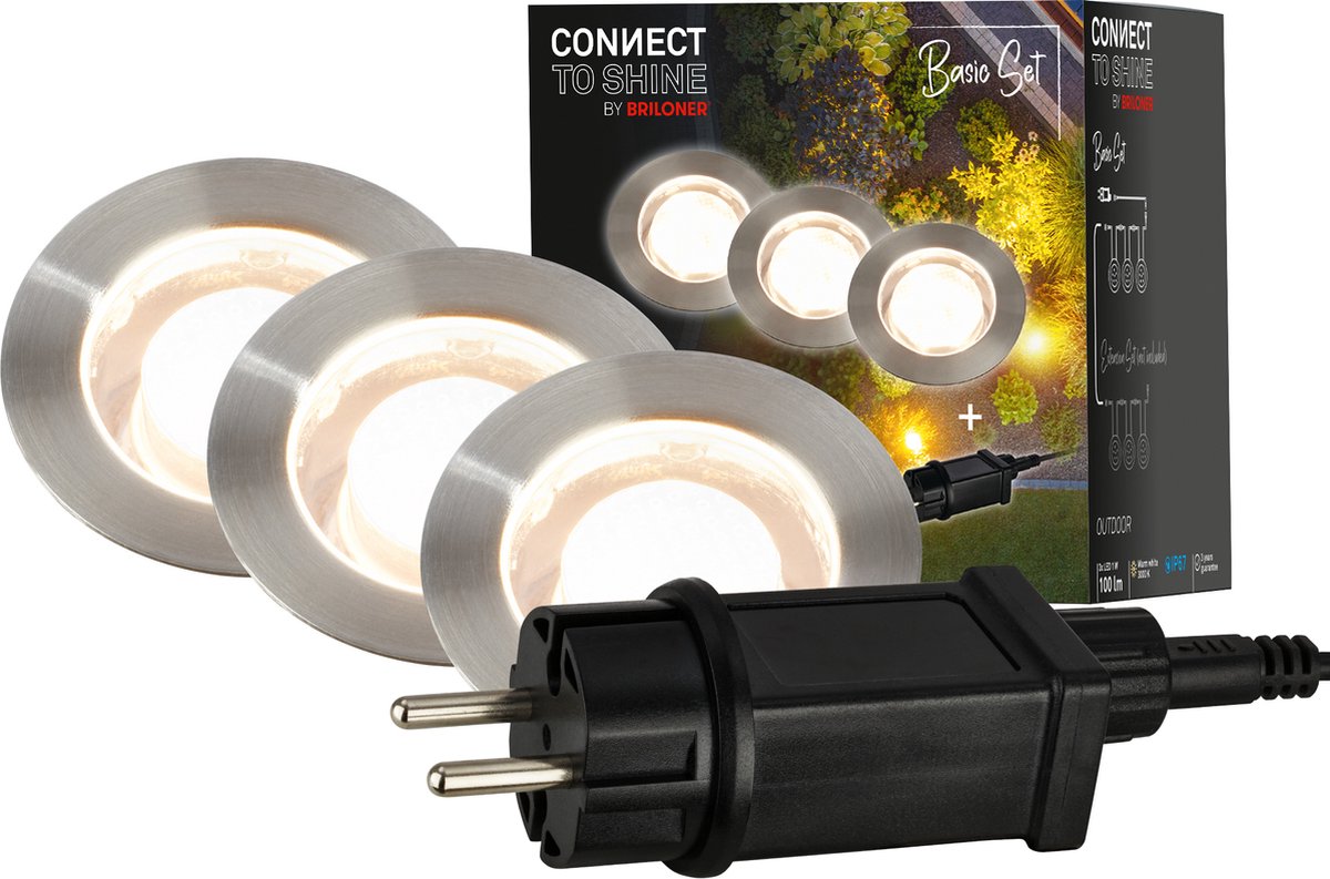 BRILONER Connect to shine - LED Grondspot voor buiten - set van 3 - tuinverlichting startset - warm wit licht - IP67 - Ø4.5x6.6 cm
