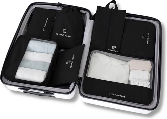 Cubes d'emballage Set 7 pièces - Organisateur de Vêtements pour valise de voyage, sac à dos et sac - Zwart
