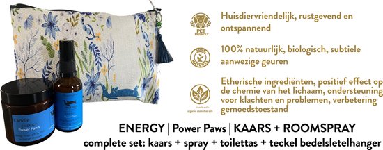 Teckel - energy - power paws - geurkaars - roomspray - diervriendelijk - essentiële etherische oliën - 100% natuurlijk - biologisch - geurcosmetica - parfum - geur - kaars (120ml) - spray (50ml) - toilettas - teckel sleutelhanger