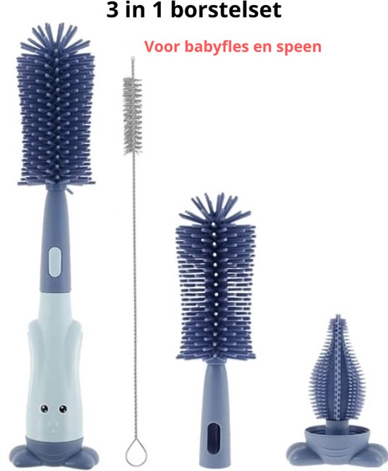 3-in-1 Baby Flessenborstel - Flessenreiniger - Schoonmaakborstel Siliconen - Flesvoeding-accessoires - BPA Vrij