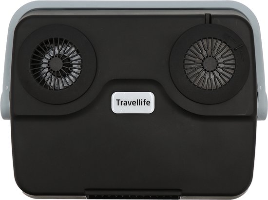 Bovenaanzicht van de zwarte Travellife koelbox met twee ventilatoren en het 'Travellife' logo.