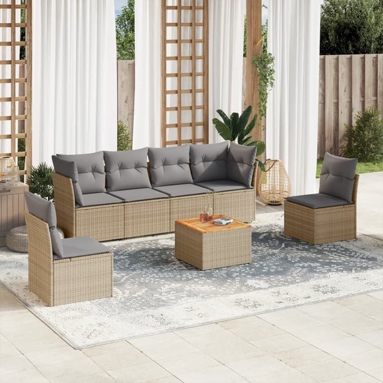 vidaXL - 7-delige - Loungeset - met - kussens - poly - rattan - gemengd - beige