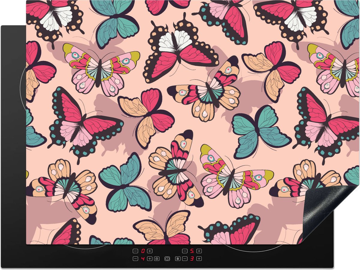 KitchenYeah® Inductie beschermer 71x52 cm - Vlinder - Roze - Blauw - Design - Kookplaataccessoires - Afdekplaat voor kookplaat - Inductiebeschermer - Inductiemat - Inductieplaat mat
