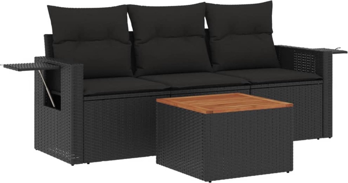 vidaXL 4-delige - Loungeset - met - kussens - poly - rattan - zwart