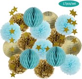 Décorations d'anniversaire 17 pièces - guirlandes d'anniversaire - mélange de lanternes boules à pompons - or festif bleu clair - décoration d'anniversaire