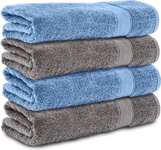 Komfortec handdoeken – Set van 4 - Badhanddoek 70x140 cm - 100% Katoen - Antracietgrijs&Blauw