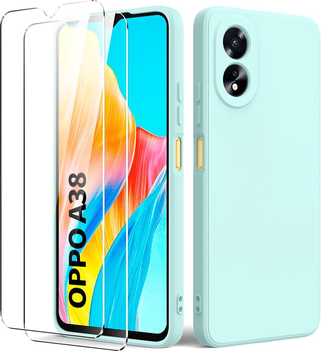 Geschikt voor Oppo A38 4G - Schokbestendig - Met 2 gehard glas - Back Cover Hoesje - Mint