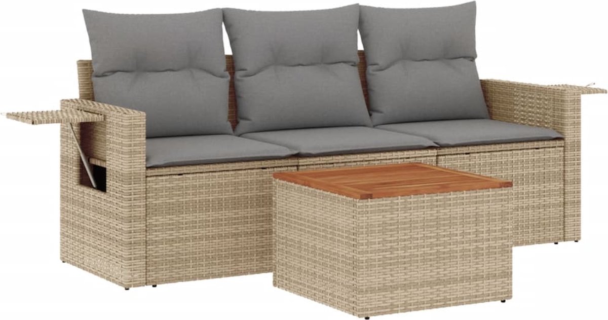 vidaXL 4-delige - Loungeset - met - kussens - poly - rattan - beige